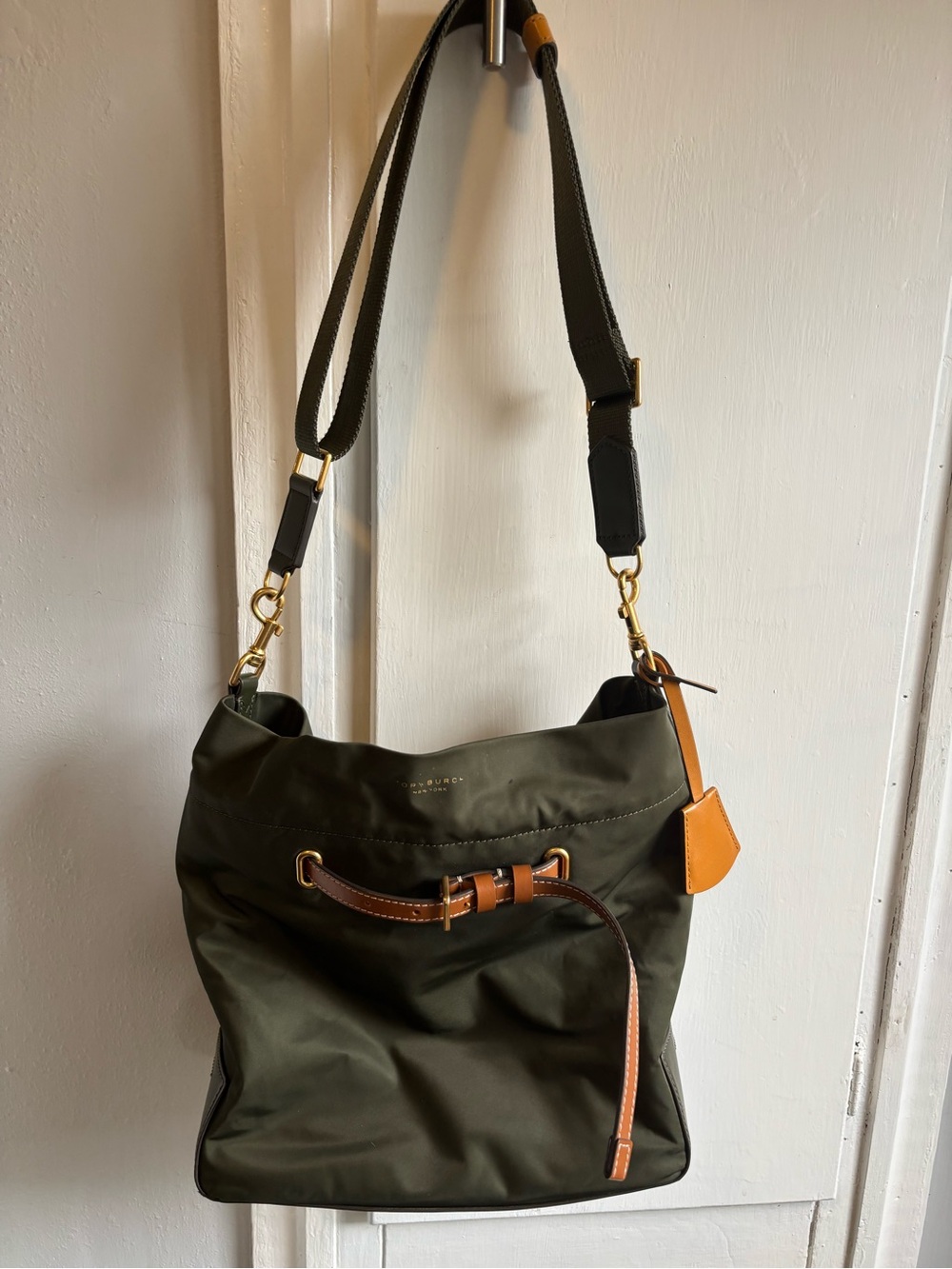 Tory Burch Olive Green Shoulder Bag with Tan Trim and Gold Hardware